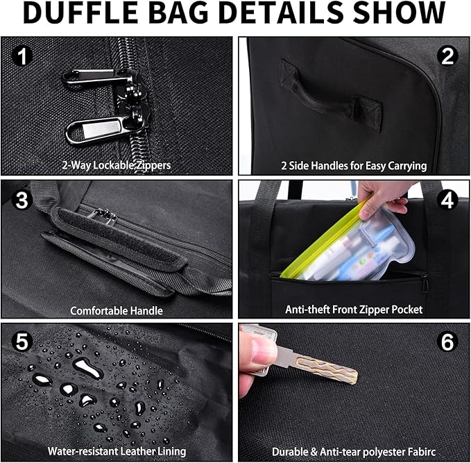 52 Inch Large Duffle Bag for Travel Camping Sport Equipment Storage Bag with 2-way Lockable Zippers(Black 52inch 2Pack)