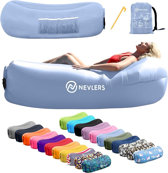Nevlers Inflatable Lounger | 210T Polyester Inflatable Chair | No-Pump Blow Up Couch | Camping Couch Air Sofa Bed w/ 450 lbs. Cap., Pockets & Matching Bag | Use as Inflatable Couch for Adults & Kids
