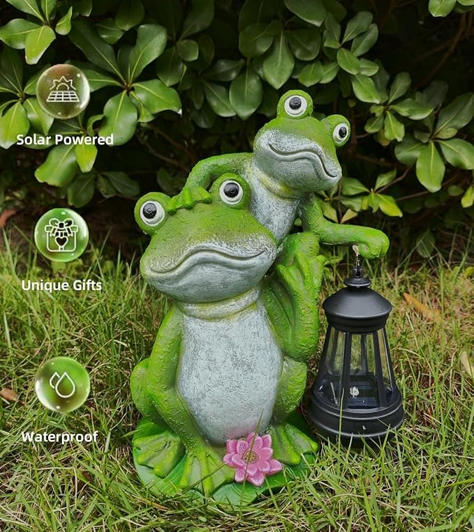VKX Solar Garden Frog Statues with LED Lantern, Resin Outdoor Statues, Figurine Light,Cute Decoration, Outdoor Decor for Porch Patio, Yard Lawn, Housewarming Gift