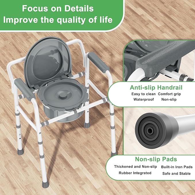 3 in 1 Bedside Commode with Arms 350 lbs, Width 21.5'' Steel Toilet Commode Adjustable Height, Porta Potty for Adults Commode Chair with 6QT Bucket, Easy Cleaning, Tool-Free Assembly