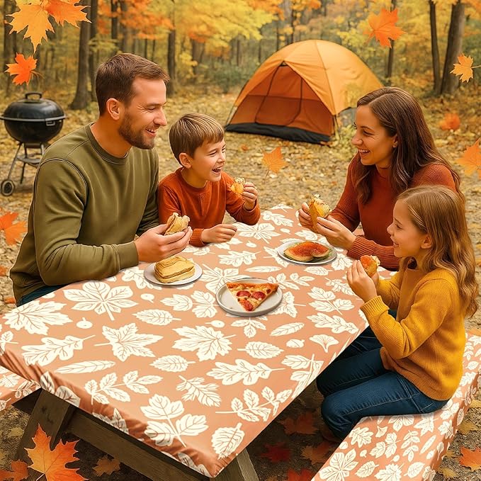 Picnic Table Cover with Bench Covers Elastic Edges, Fall Yellow Fitted Table Cover, Outdoor Patio Camping Essentials 72 Inch 3PCS, Waterproof Camping Fitted Tablecloth with Drawstring Bag