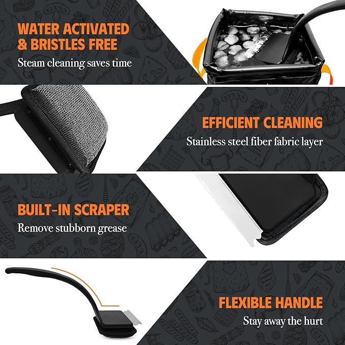 MEKER Grill Brush Bristle Free with Collapsible Bucket, 7 Pcs Grill Cleaner Brush with Durable Foldable Water Tank for Grill Cleaning, Portable Outdoor Grill Bucket, Dunk Tank, Black