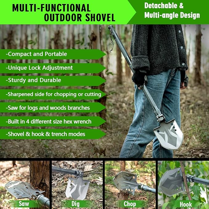 ZENHOSIT Multifunctional Folding Tactical Shovel Hatchet Combo - With Axe, Flashlight, Extension Handles - For Camping, Cycling, Hiking - 19.3-40.9 Inches
