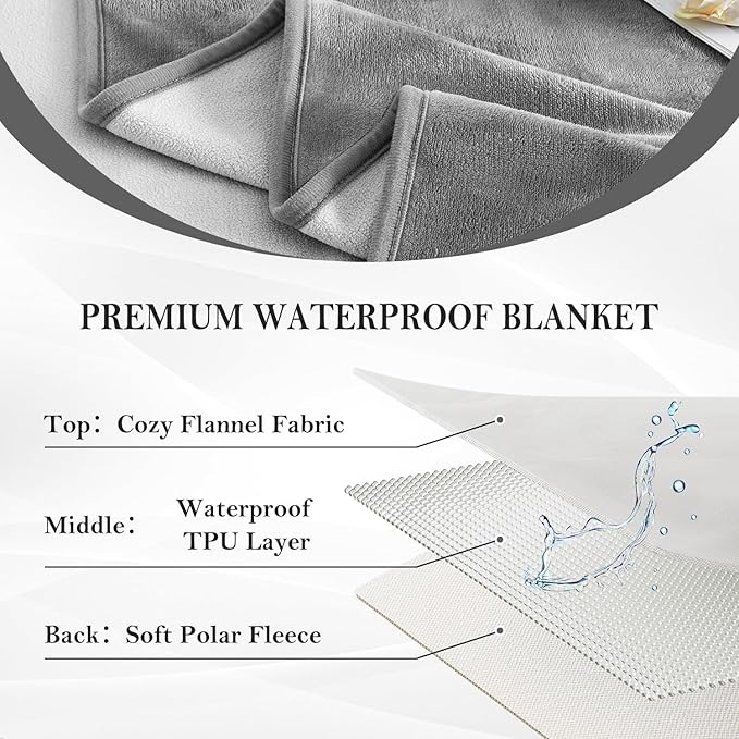 SOCHOW Waterproof Blanket for Bed Sofa Couch, Water Resistant Blanket Washable 80"x90", Reversible Leakproof Bed Cover for Adults Elderly Pets, Grey & Light Grey