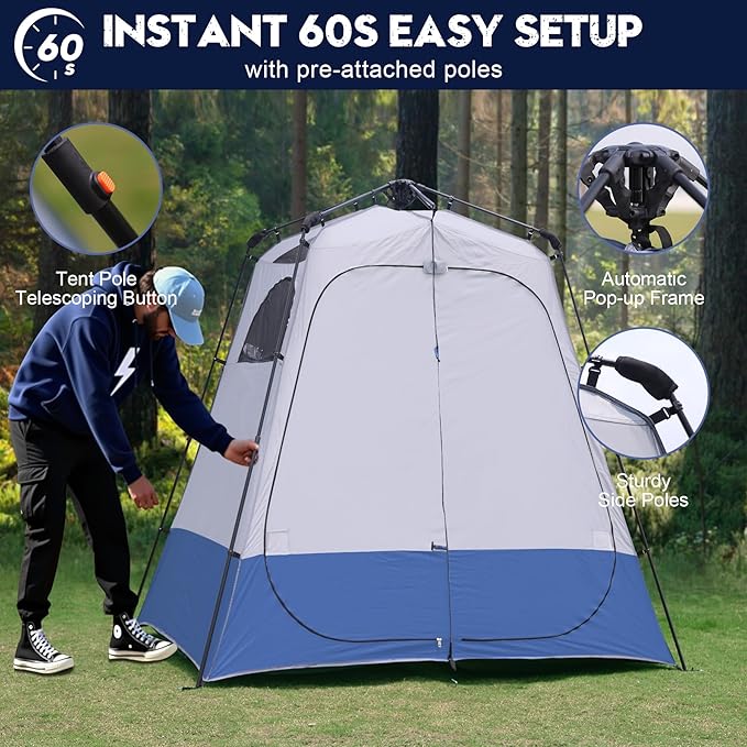 2-Room Camping Shower Tent, Instant Pop-up Privacy Shelter, Extra Large Changing Room & Toilet Tents with Ventilation, Portable Outdoor Shower with Rainfly & Floor for Dressing, Hiking, Beach, Fishing