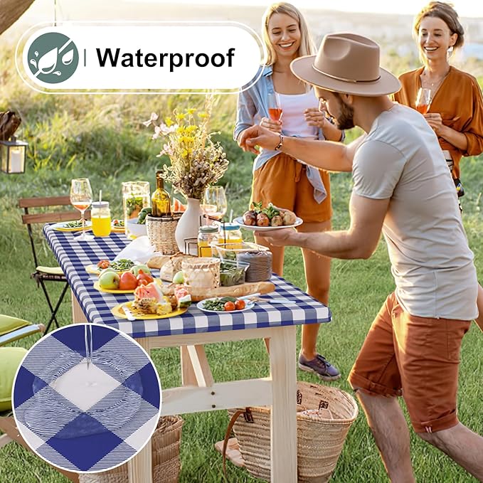 misaya Buffalo Rectangle Picnic Tablecloth, 6 Foot Elastic Fitted Vinyl Table Cloth with Flannel Backing, Waterproof Plaid Table Covers for Dining, Camping, Outdoor (Navy and White, 30" x 72")