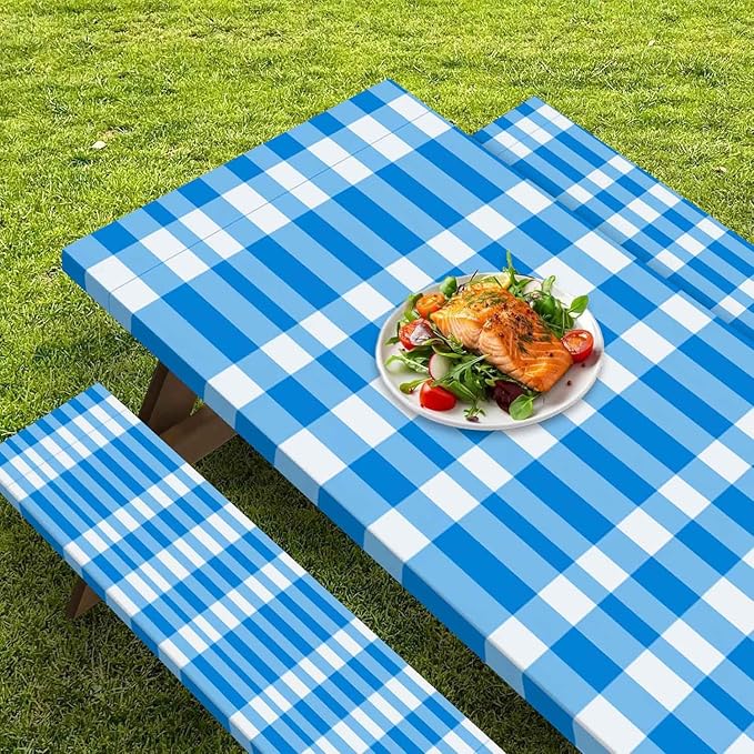 CAPSCEOLL Fitted Picnic Table Cover with Bench Covers with Elastic 6Ft Waterproof Camping Picnic Table Cover Cloths for Outdoors Camping Tablecloth with Drawstring Bag, 72X30in, Blue Checkered