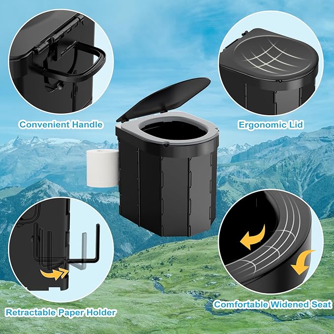 Portable Camping Toilet with PU Cushion, Folding Porta Potty for Adults with Lid and Toilet Paper Holder, Waterproof Camping Toilet with Lid for Camping, Hiking, RV Travel, Road Trips