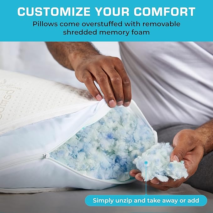 Xtreme Comforts Shredded Memory Foam Pillow- Allergy-Friendly & Cooling Pillow Cover for Side, Back & Stomach Sleepers- Machine Washable - Foam Pillows for Sleeping & Neck Pain Relief (Queen)