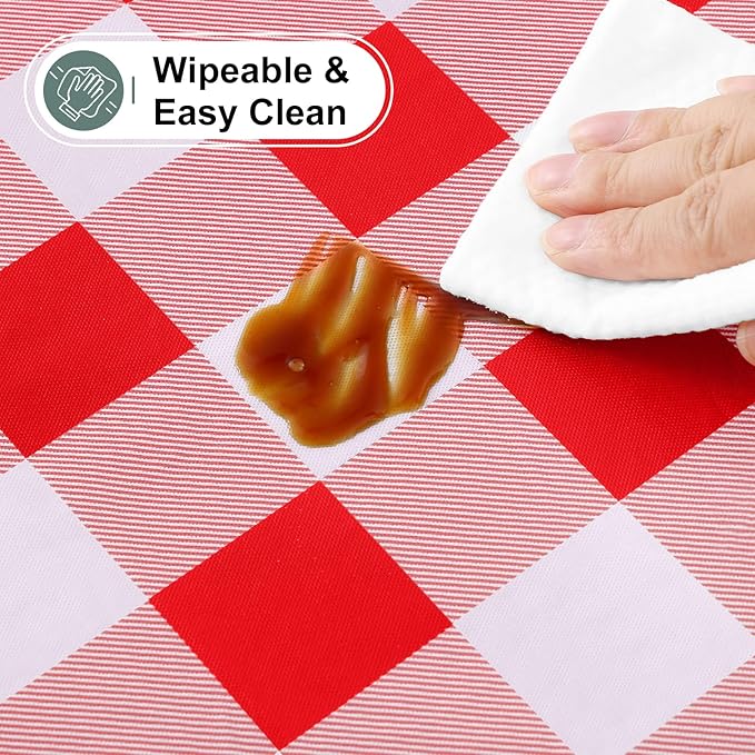 misaya Buffalo Rectangle Picnic Tablecloth, 6 Foot Elastic Fitted Vinyl Table Cloth with Flannel Backing, Waterproof Plaid Table Covers for Dining, Camping, Outdoor (Red and White, 30" x 72")