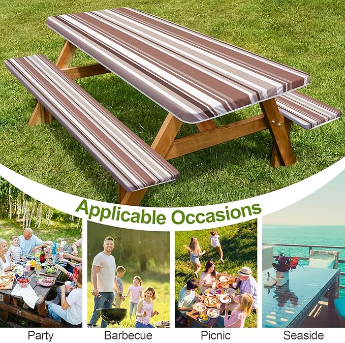 Picnic Table Cover with Bench Covers Camping Essentials Waterproof Windproof Camping Tablecloth with Drawstring Bag, Fitted Rectangle Tables and Seats, 72in, Brown Stripe