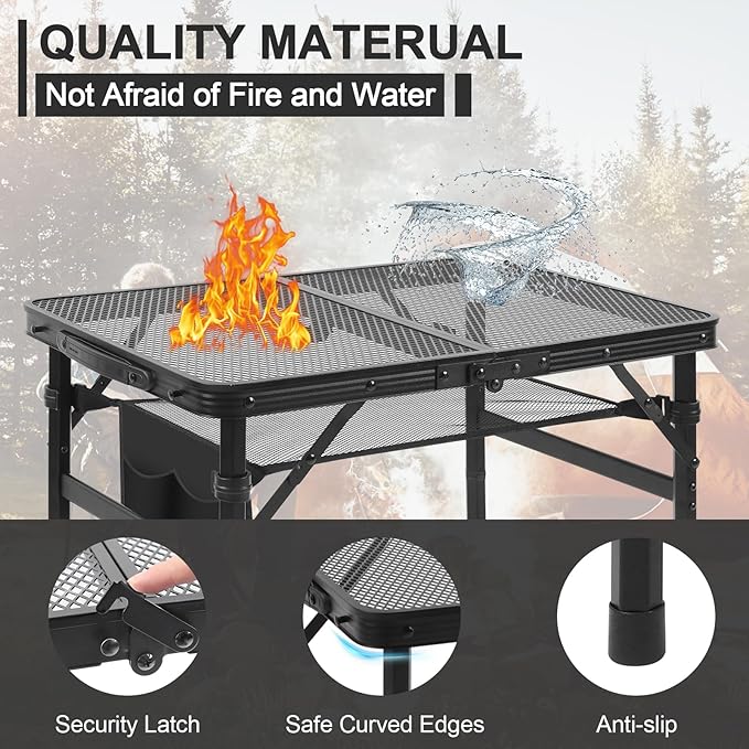 Camping Portable Folding Grill 2x1.3 FT Table, Lightweight Height Adjustable Metal Picnic Outdoor Table with Mesh Desktop and Mesh Bag, Picnic, Beach and BBQ, Party