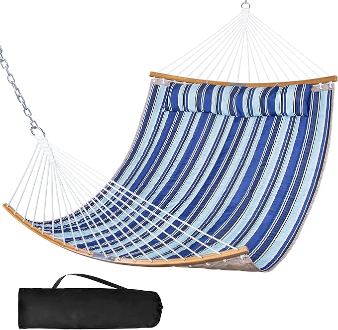 SUNCREAT Portable Hammock with Carrying Bag, 2 Person Hammock with Curved Spreader Bar, Blue Stripes