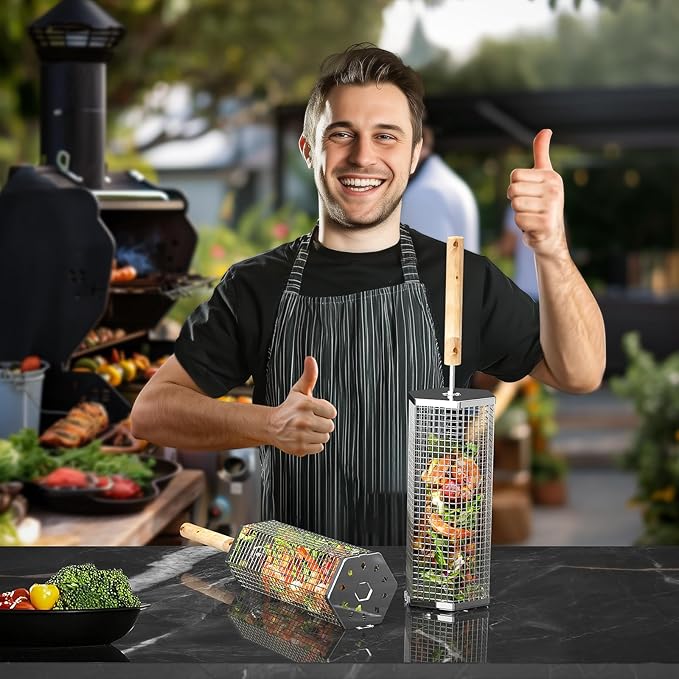 Rolling Grill Baskets (2PCS, Hexagon), Removable Wooden Handle, 304 Stainless Steel, Nesting Grilling Net, BBQ Accessories Tools for Vegetables Shrimp, Outdoor Cooking Camping, Birthday Gifts for Men Dad Husband