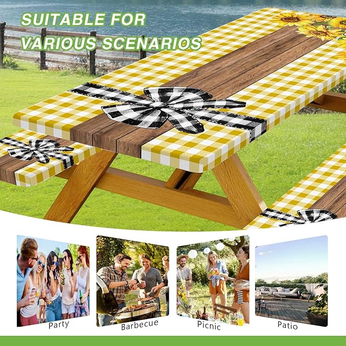 Picnic Table Cover with Bench Covers, Sunflower Buffalo Plaid Farmhouse Wood Waterproof Elastic Fitted Tablecloths Outdoor Camping Essentials, with Drawstring Bag, 96in, Yellow