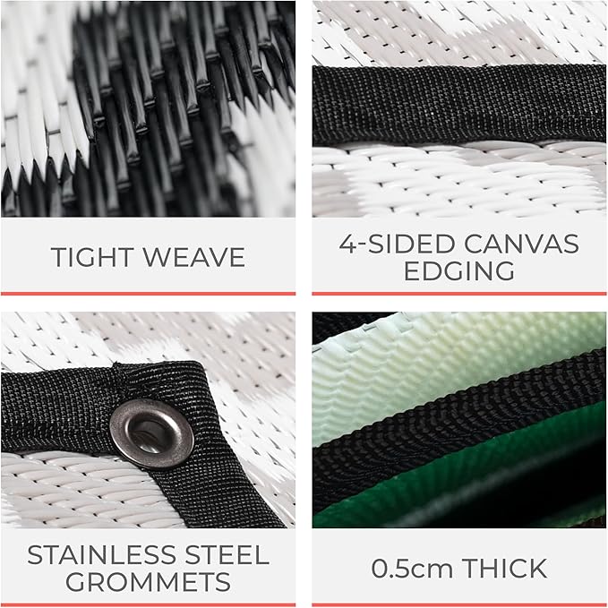 8x8 Black & Gray Outdoor RV Mat with Carry Bag – Extra Thick 5mm Recycled Poly Rug – Heavy-Duty, Waterproof, Reversible – Luxury Camping Mat for Patio, Beach (Black, 8' x 8')