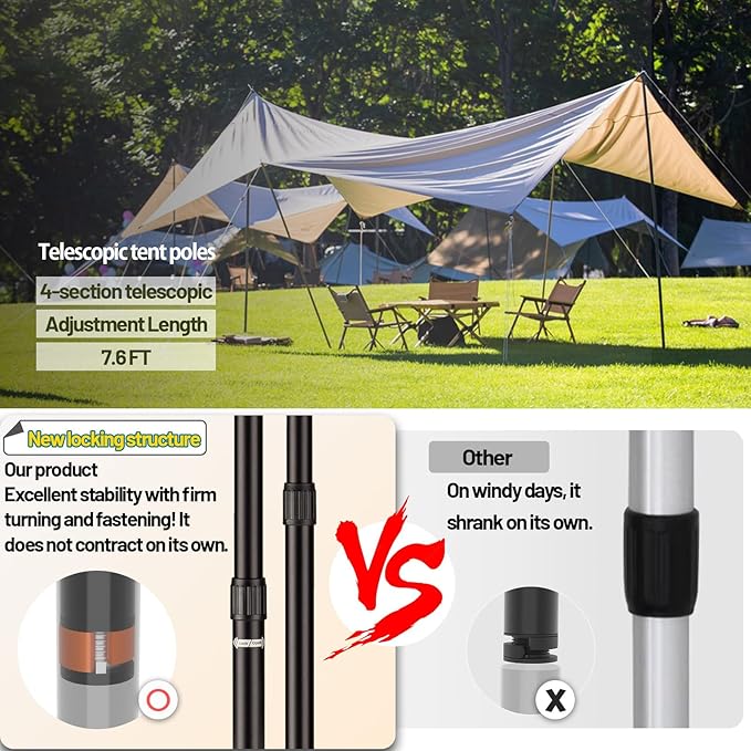 Adjustable Heavy Duty Tarp Poles 7.6FT,XINCAMPING Aluminum Tent Poles with Protection Cap - 4 Pack Rust-Proof Awning Poles for Camping, Hiking, Canopy & Outdoor Shelter