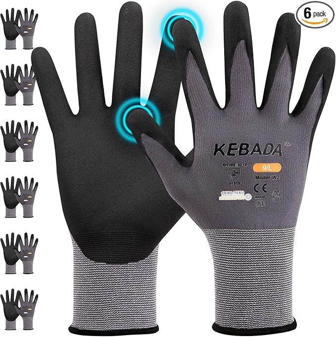 Kebada W2 Work Gloves for Men and Women, Nitrile Coated Working Gloves for Gardening, Construction, Warehouse, Safety Gloves for Work in Yard and Outdoors, 6 Pairs, Large