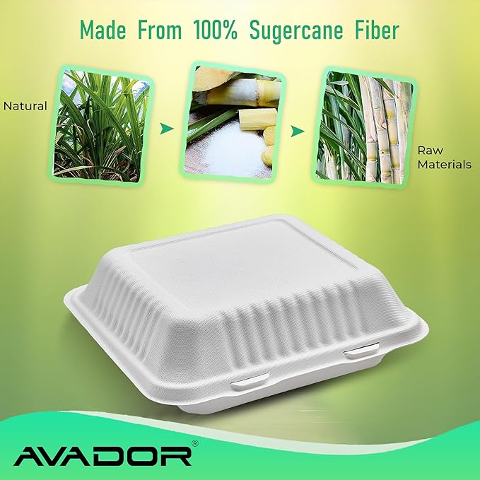 AVADOR® Compostable Tableware 100% Eco-Friendly & Biodegradable Dinnerware Eco-Conscious, Disposable, and 100% Biodegradable (9 Inch x 9 Inch Clamshell Pack of 50)