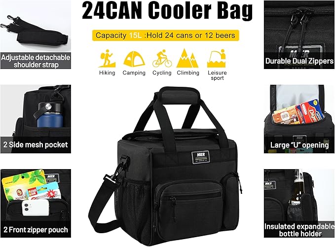 MIER Large Lunch Box for Men Women Adult Insulated Soft Sided Cooler 24 Can Leakproof Lunch Bag Collapsible for Work Travel Camping Beach, 15L (Black-No Luggage Strap)