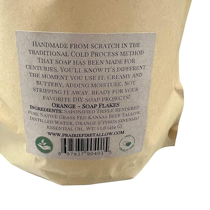 Pure Beef Tallow Soap Flakes - Made in USA - Grass Fed and Finished - Face, Body and Hair - Cleans, Moisturizes, Soothes, and Hydrates. Natural and Organic Orange