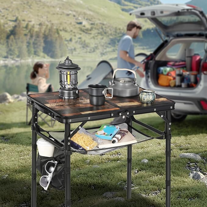 RedSwing Small Folding Table with Side Pocket Adjustable Height, Lightweight and Portable Aluminum Frame Camping Table for Outdoor Indoor Picnic, 2 Feet, Brown Wide Wood Grain