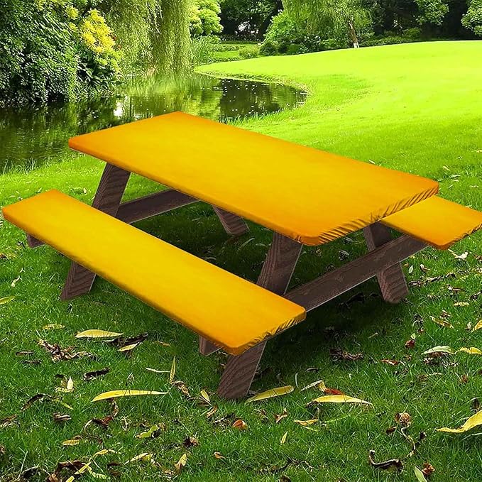 CAPSCEOLL Fitted Picnic Table Cover with Bench Covers with Elastic 6Ft Waterproof Camping Picnic Table Cover Cloths for Outdoors Camping Tablecloth with Drawstring Bag, 72X30in, Fall Yellow