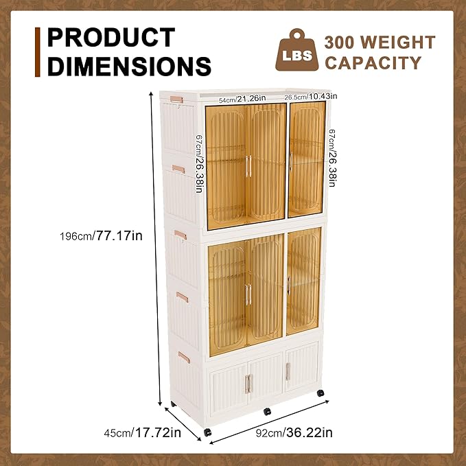 Portable Wardrobe Closet Storage Organizer, Plastic Collapsible Closet Organizer with Transparent Magnetic Door, for Bedroom Living Room,Easy Assemble,7 Cubes & 2 Hanging Rod