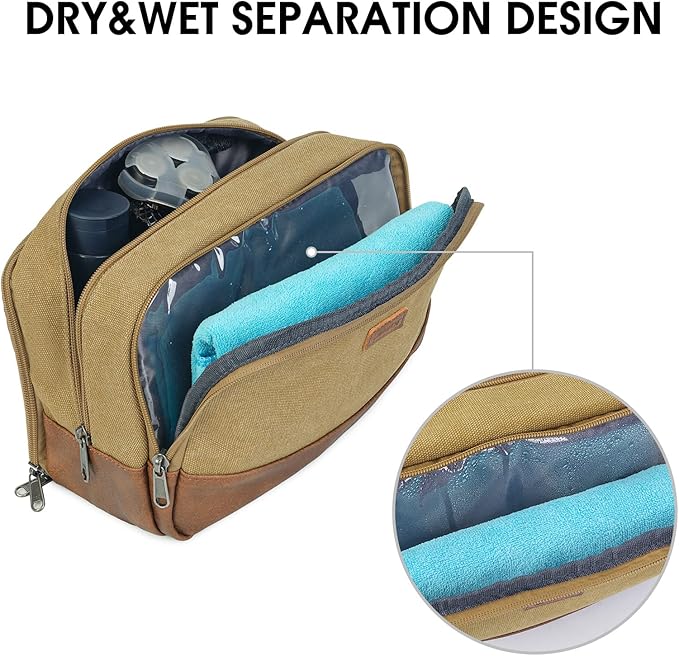 WANDF Travel Toiletry Bag for Men Large Toiletries Shaving Bag Water Resistant Hanging Dopp Kit Travel Accessories Bag for Women Men (Khaki)