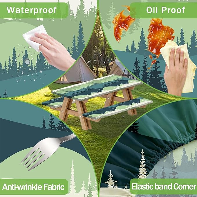 Picnic Table Cover with Bench Covers Tablecloth with Elastic Edges Waterproof Windproof Camping Essentials, Fitted Rectangle Tables and Seats, Drawstring Bag, 72in, Blue Green