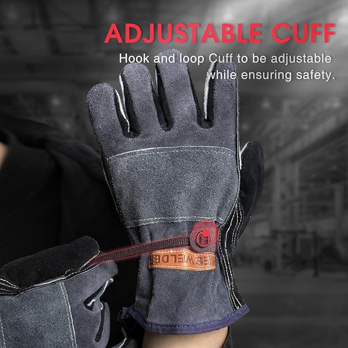 YESWELDER Leather Work Gloves for Men or Women，Suitable for welding & gardening etc. Cowhide leather with cotton lining, wrist closure, grippy and durable.Reinforced palm and finger,Black-gray L