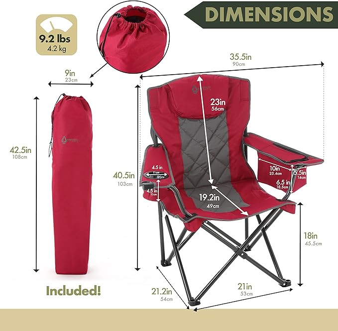 ARROWHEAD OUTDOOR 2-Pack Portable Folding Camping Quad Chair w/ 6-Can Cooler, Cup & Wine Glass Holders, Heavy-Duty Carrying Bag, Padded Armrests, Headrest & Seat, Supports up to 550lbs
