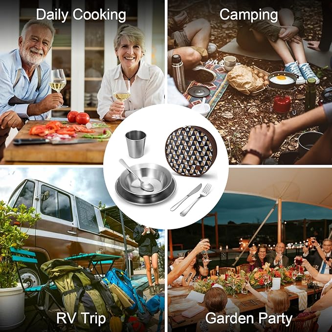 Odoland Camping Complete Messware Kit, Polished Stainless Steel Camp Dinnerware, Camping Cooking Tableware, Cutlery Organizer Utensil with Plates and Bowls Set for Backpacking, Hiking, Picnic Picnic.