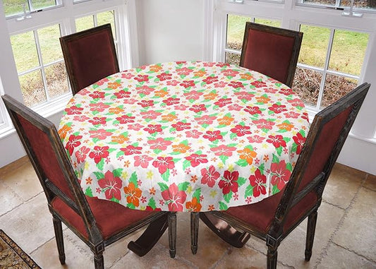 LAMINET Stitched Edge Drop Tablecloth - Hibiscus - Large Round - Fits Tables up to 70 Diameter