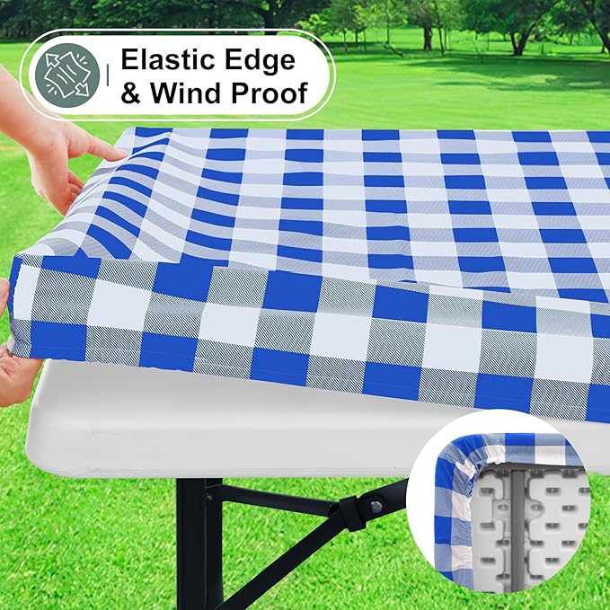 misaya Buffalo Rectangle Picnic Tablecloth, 6 Foot Elastic Fitted Vinyl Table Cloth with Flannel Backing, Waterproof Plaid Table Covers for Dining, Camping, Outdoor (Blue and White, 30" x 72")