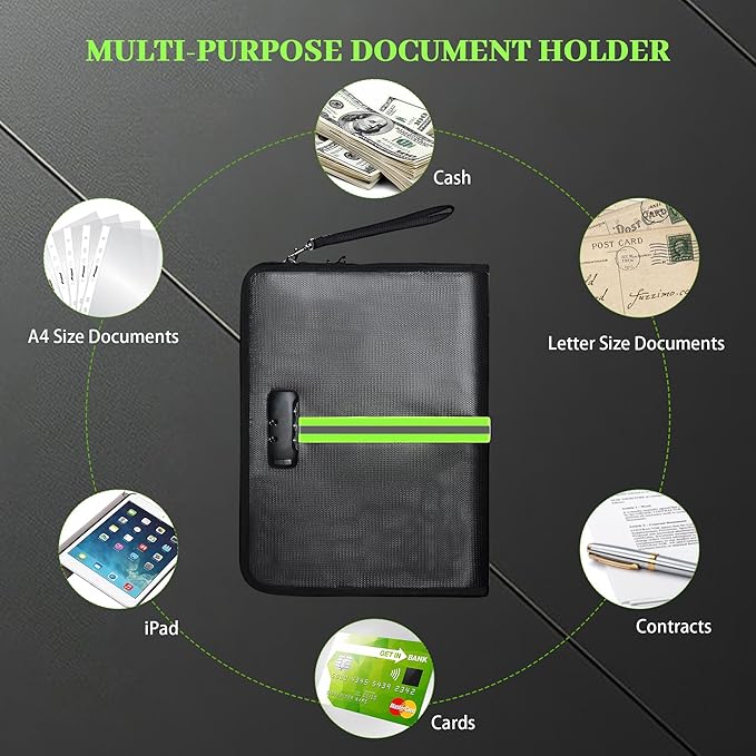 Fireproof Document Bag, 5200℉Fireproof Document box with Lock, Handle and Zipper, Document Organizer for Cash, Legal Documents – Secure Storage for Home, Office & Travel (Black, M)