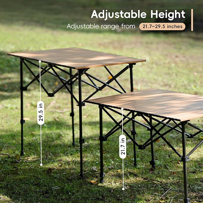 Camping Table Folding Camp Table Roll Up Surface Lightweight, Collapsible Height Adjustable Suitable for Picnic Adults with Carry Bag for Indoor Outdoor BBQ Picnic Gathering Patio