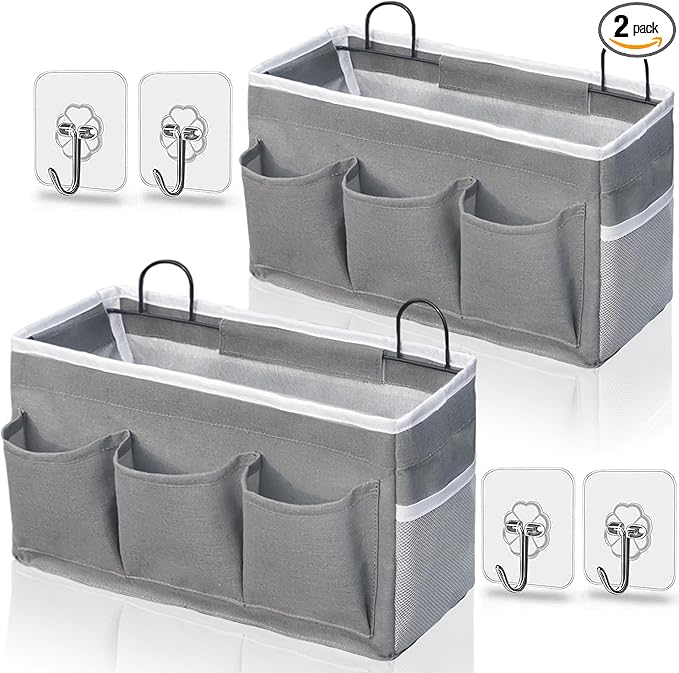 2pcs 3-pockets Large Wall Hanging Organizer Bag, Linen Fabric Door Hanging Storage Baskets with Pockets, Waterproof Bin for Kitchen, Bedroom, Office, RV Camper (Gray_2pcs)
