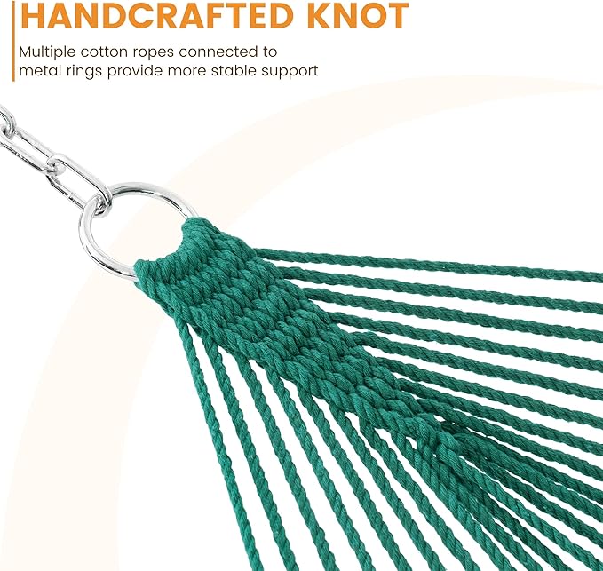 Lazy Daze Hammocks 12FT Double Rope Hammocks, 2 Person Hand Woven Cotton Hammock with Spreader Bar for Outdoor, Indoor, Patio, Poolside, FIT 13-15 Foot Stand, Max 450 Lbs, Green, 141 x 57 inches
