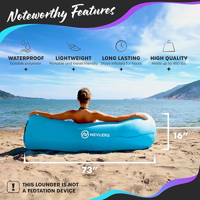 Nevlers Inflatable Lounger | 210T Polyester Inflatable Chair | No-Pump Blow Up Couch | Camping Couch Air Sofa Bed w/ 450 lbs. Cap., Pockets & Matching Bag | Use as Inflatable Couch for Adults & Kids