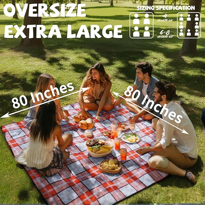 Extra Large Picnic Blankets Portable 80x80 Oversized Waterproof Sandproof Outdoor Beach Blanket Camping Grass Mat Big XL Compact Lawn Park Rug Summer Camper Essential Couple Family Teen Play Gifts