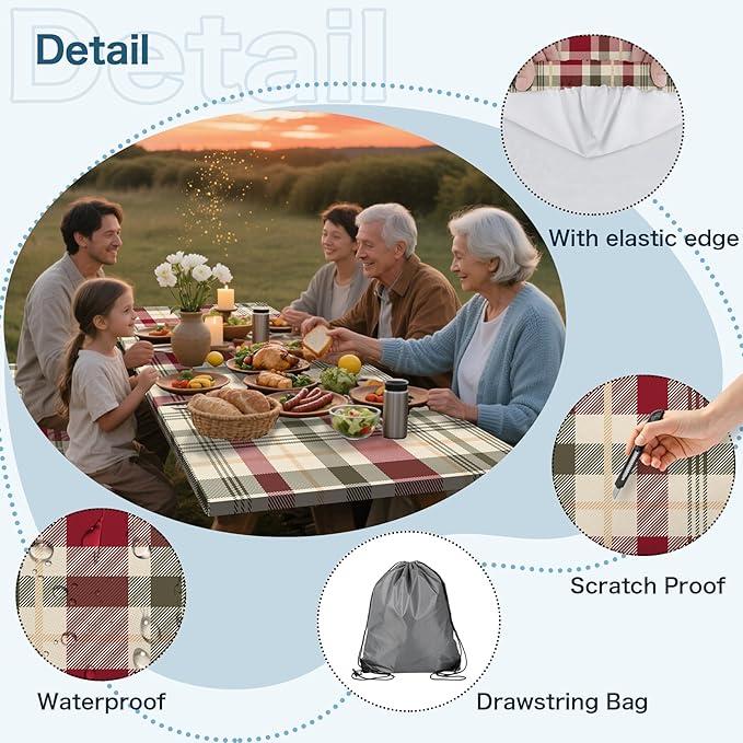 Picnic Table Cover with Bench Covers, 3 Pcs Waterproof Elastic Picnic Table Cover Fall Outdoor Camping Essentials, Windproof Fitted Tablecloth for Indoor Outdoor (Plaid, 72X30 Inch)