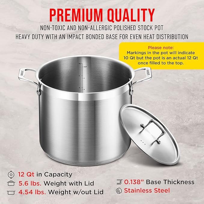 Stockpot – 12 Quart – Brushed Stainless Steel – Heavy Duty Induction Pot with Lid and Riveted Handles – For Soup, Seafood, Stock, Canning and for Catering for Large Groups and Events by BAKKEN