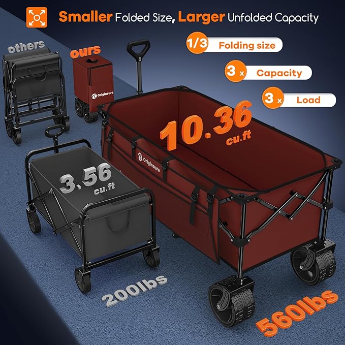 48" L Collapsible Wagon Cart Foldable, 560LB Weight Capacity 300L Heavy Duty Folding Beach Wagons with Big All-Terrain Wheels, Utility Carts for Groceries, Shopping, Camping, Sports - Red