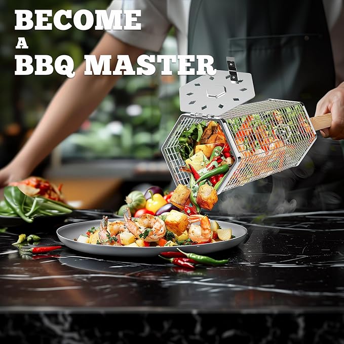 Rolling Grill Baskets (2PCS, Hexagon), Removable Wooden Handle, 304 Stainless Steel, Nesting Grilling Net, BBQ Accessories Tools for Vegetables Shrimp, Outdoor Cooking Camping, Birthday Gifts for Men Dad Husband