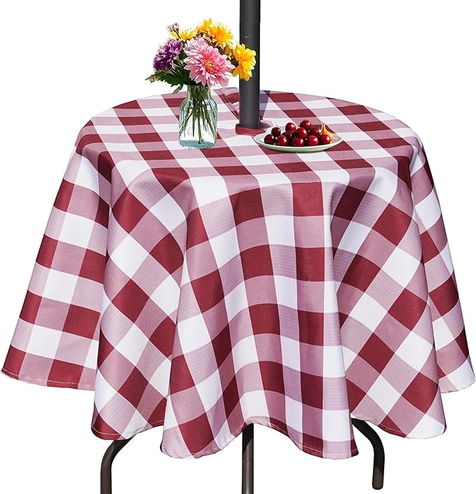 SquarePie Buffalo Checked Outdoor Tablecloth Round 52 Inch Waterproof Zippered Table Cloth Cover for for Patio Picnic Garden Party, Burgundy Red Checkered