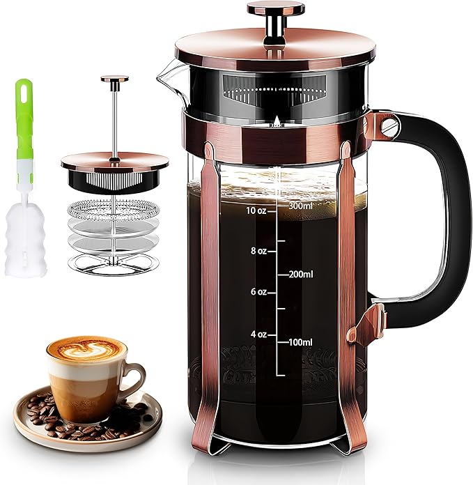 French Press Coffee Maker 304 Stainless Steel Coffee Press,with 4 Filters System, Heat Resistant Thickness Borosilicate French Press Glass, BPA-Free Brewed Tea Pot Coffee Plunger(Copper 12oz)