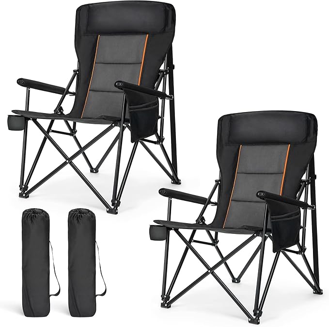 LET'S CAMP Oversized Camping Chairs 29.52" High Back Heavy Duty Lawn Chair Support 500LBS, Portable Collapsible Chair with Cup Holder, Side Pocket,2 Pack(Black)