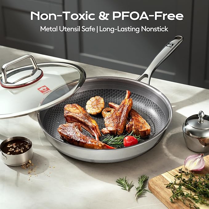 10in Nonstick Frying Pan - Stainless Steel Skillet, Dishwasher & Oven Safe, Compatible with Induction & Gas Stoves, Non-Toxic & Easy to Clean