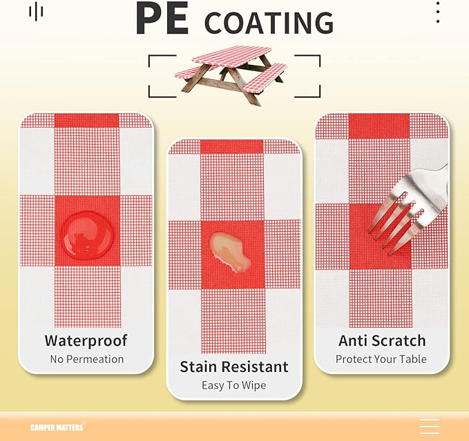 Picnic Table Cover and Bench Covers, Fitted Tablecloth Cover with Elastic Edge, Water and Oil Proof, for Outdoor, Garden, Camping, 72x28 Inch, 3 Pieces Set, Red & White